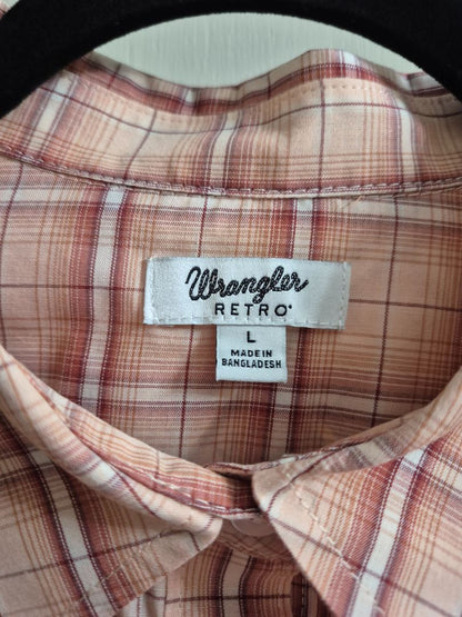 Peach Plaid Wrangle Retro Long Sleeve Western Snap Shirt, L