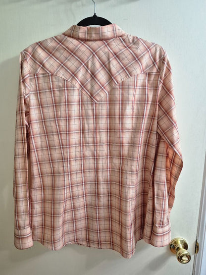 Peach Plaid Wrangle Retro Long Sleeve Western Snap Shirt, L