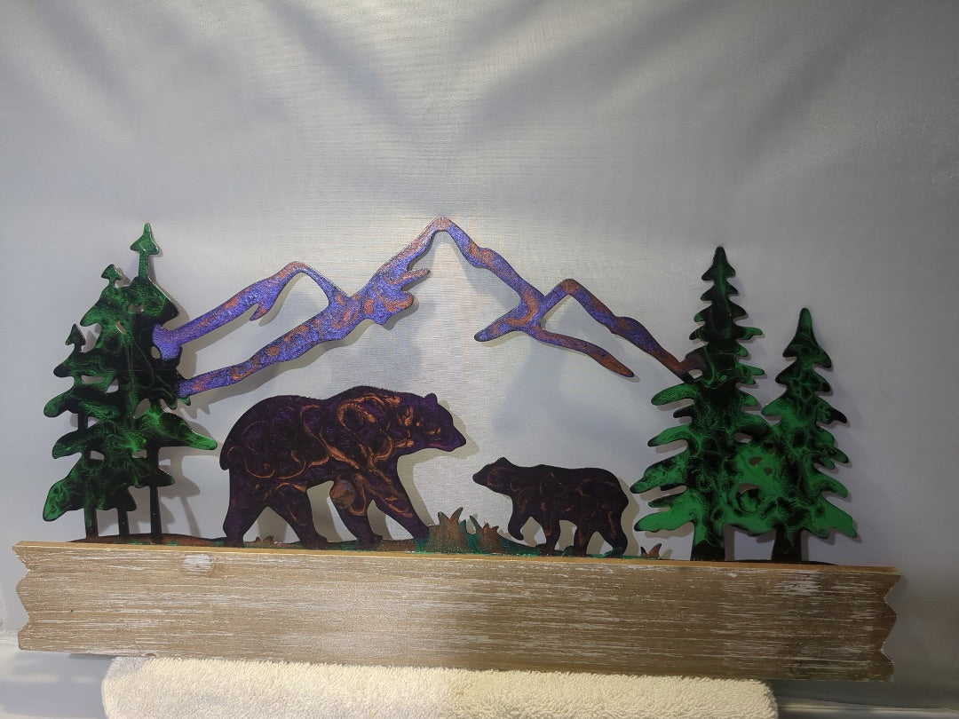 Brown Copper Green Luminous Creations Metal Acrylic Poured Bear on Wood, 18 inches X 10 inches