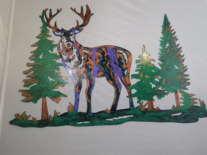 Purple Teal Copper Green Luminous Creations Metal Acrylic Poured Lg Deer, 21 inches X 15 inches
