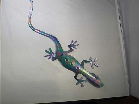 Purple Green Copper Luminous Creations Metal Acrylic Poured Lizard, 26 inches X 7 inches