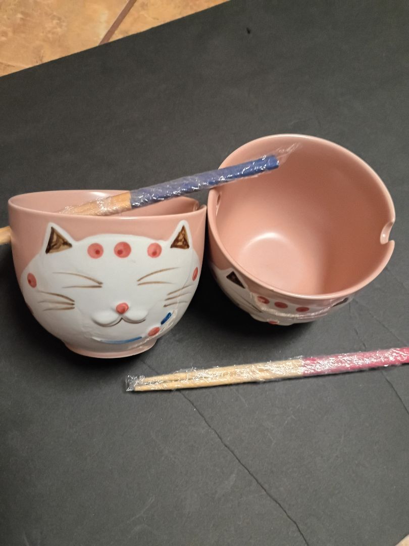 Pink Kitty Ramen Bowls with Chopsticks