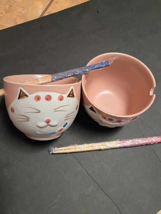 Pink Kitty Ramen Bowls with Chopsticks