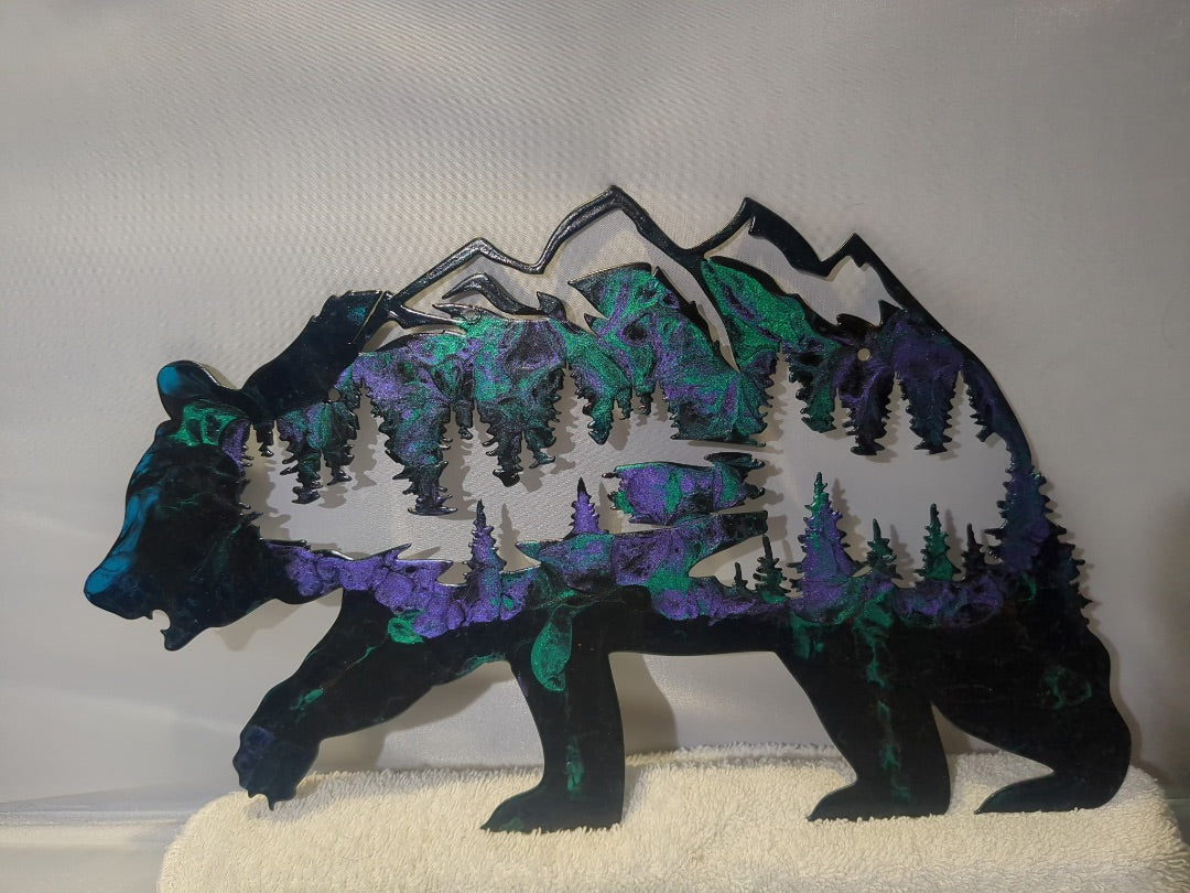 Purple Green Luminous Creations Acrylic Poured Bear, 12 inches X 10 inches