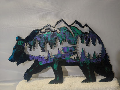 Purple Green Luminous Creations Acrylic Poured Bear, 12 inches X 10 inches