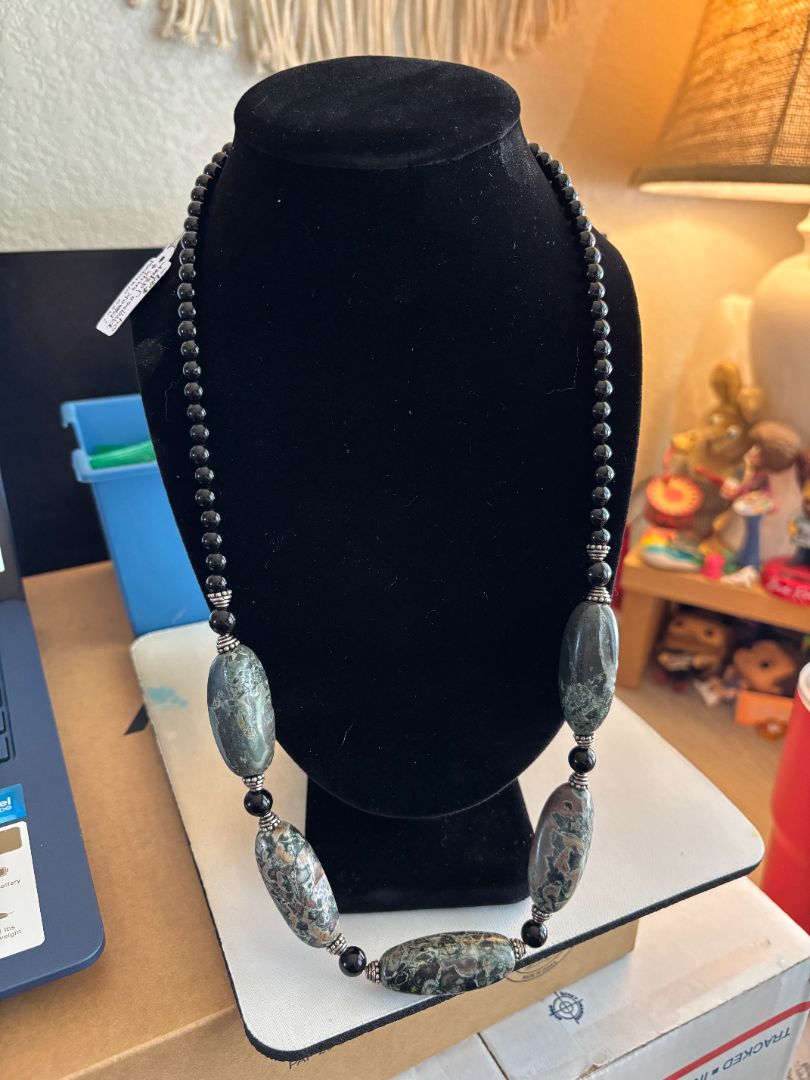Natural Jasper (Large, Oval) & Black Onyx (Round) Beaded Necklace