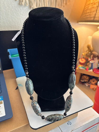 Natural Jasper (Large, Oval) & Black Onyx (Round) Beaded Necklace