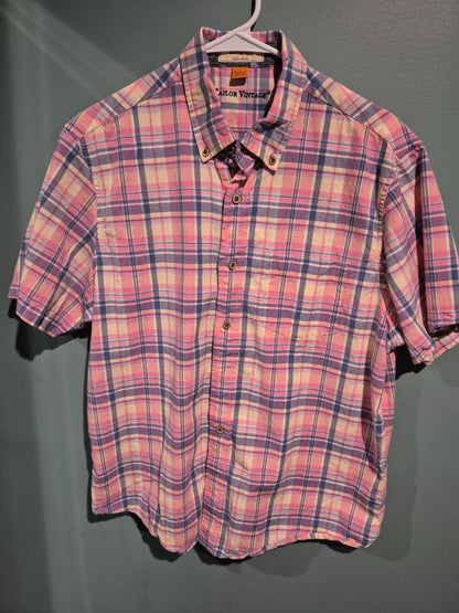 Pink Plaid Tailor Vintage Short Sleeve Button Shirt, L
