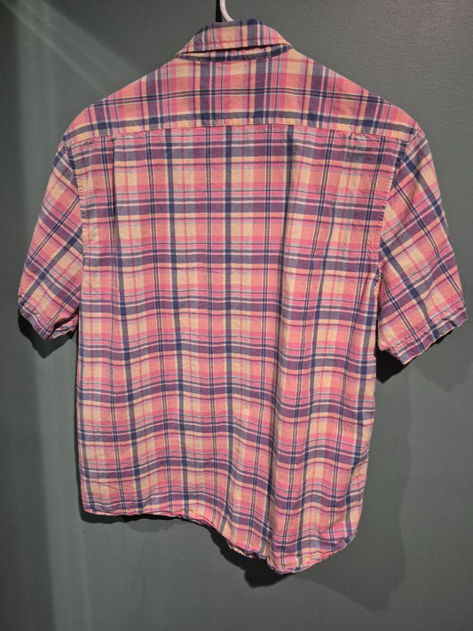 Pink Plaid Tailor Vintage Short Sleeve Button Shirt, L