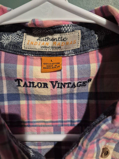 Pink Plaid Tailor Vintage Short Sleeve Button Shirt, L