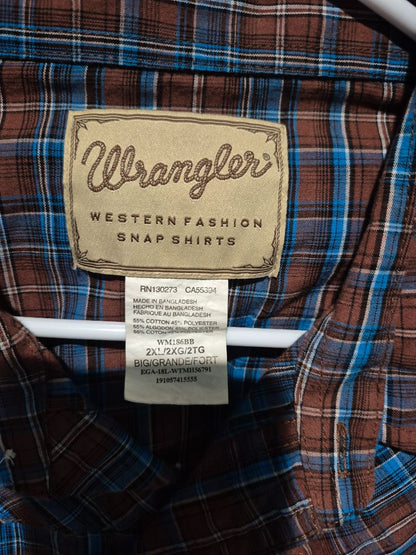 Red/Blue Plaid Wrangler Short Sleeve Snap Down Shirt, 2 XL
