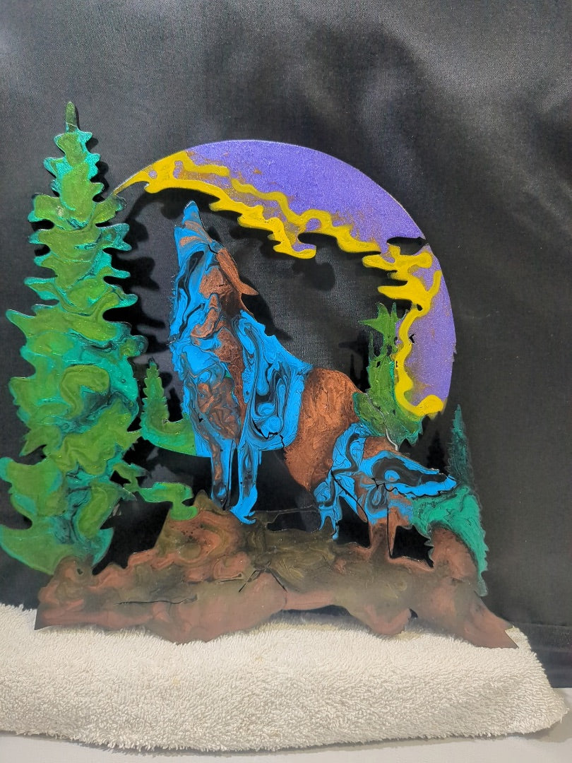 Blue Purple Luminous Creations Acrylic Poured Wolf Howling at the Moon, 12 inches X 12 inches