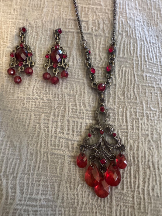 1928 Red Crystal Earring&Necklace Set