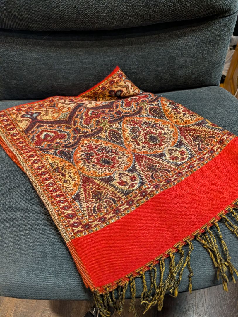 Pashmina Scarf Wrap Rectangle Paisley Fringe Boho Red Gold