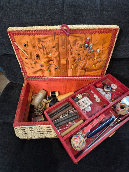 Vintage Sewing Box, Wicker, 11.5" × 7"