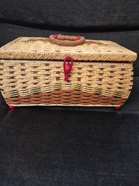 Vintage Sewing Box, Wicker, 11.5" × 7"