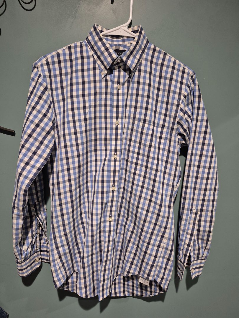 White, Blue/Black Checkered Lands' End Long Sleeve Button Shirt, 14 1/2 - 32