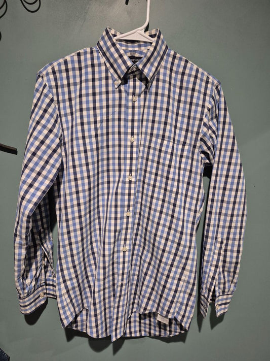 White, Blue/Black Checkered Lands' End Long Sleeve Button Shirt, 14 1/2 - 32