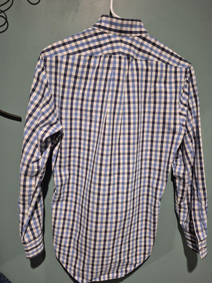 White, Blue/Black Checkered Lands' End Long Sleeve Button Shirt, 14 1/2 - 32
