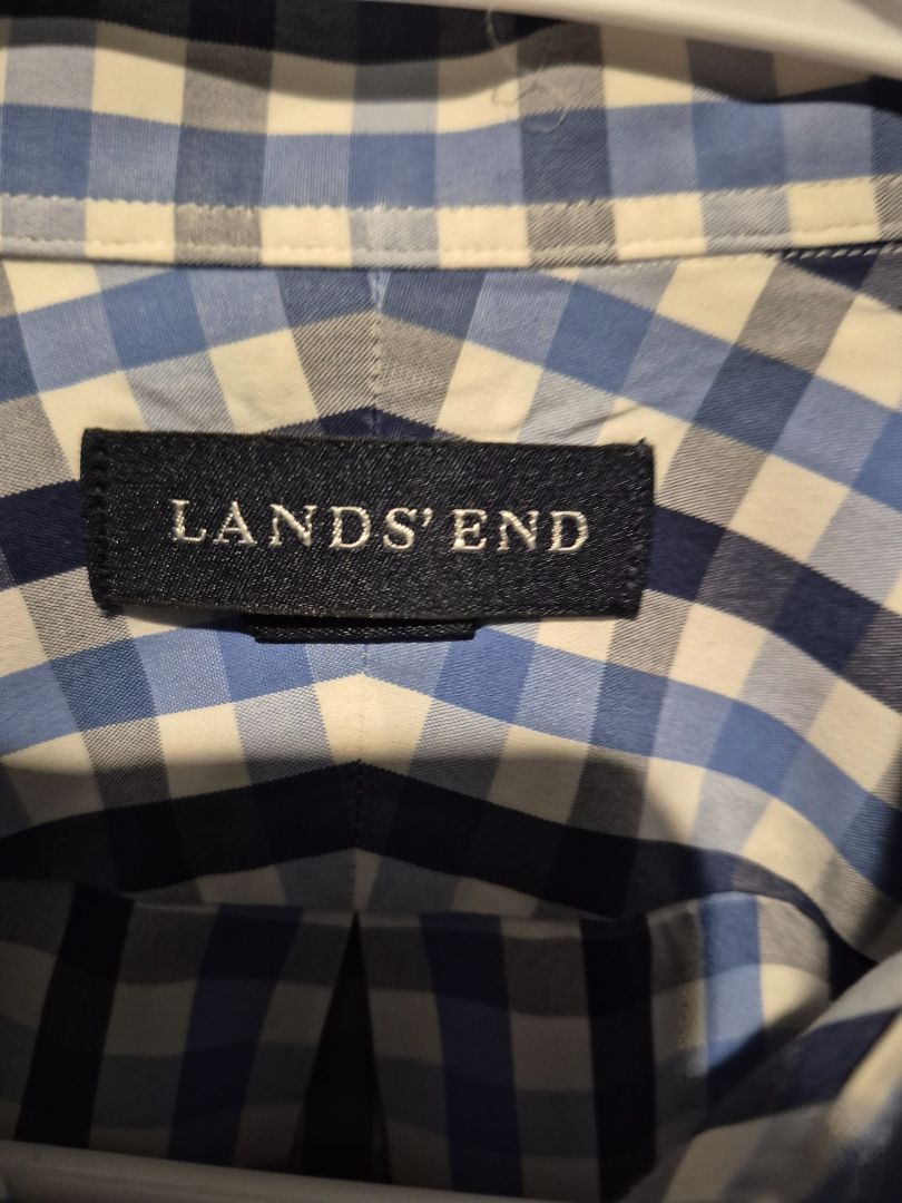White, Blue/Black Checkered Lands' End Long Sleeve Button Shirt, 14 1/2 - 32