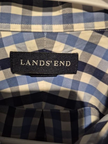 White, Blue/Black Checkered Lands' End Long Sleeve Button Shirt, 14 1/2 - 32