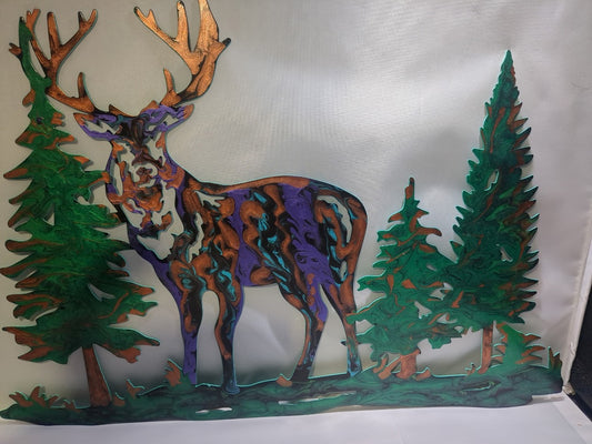 Purple Teal Copper Green Luminous Creations Metal Acrylic Poured Lg Deer, 21 inches X 15 inches