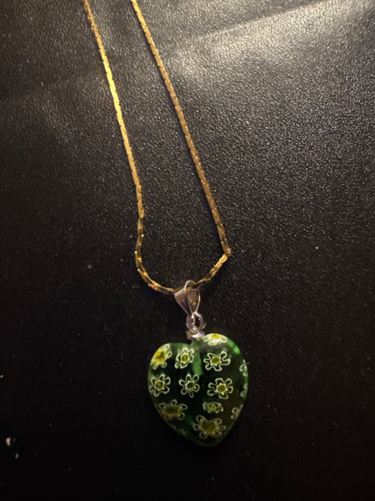 Green Flower Heart Necklace