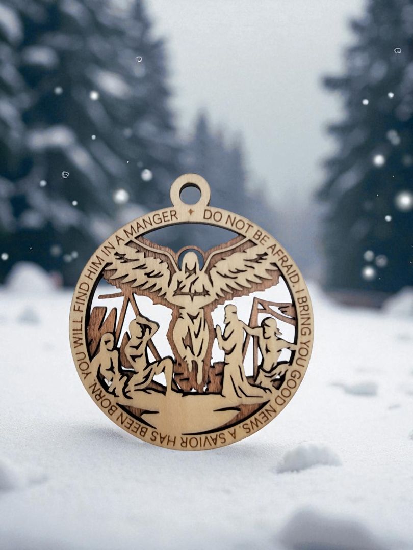 Wood Angel Religious Ornament, 3 Inches Round