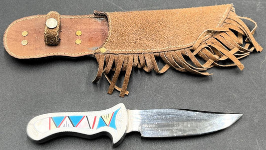 Silver & Turquoise & Mother of Pearl Unk Artisan Made Inlaid Fixed Blade
