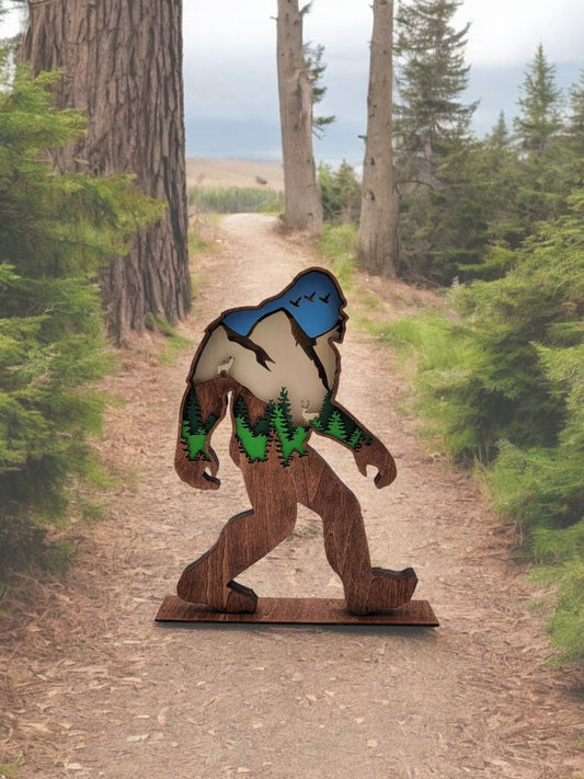 Handmade Bigfoot 6 Layer Wood Silhouette Statue, 10 inches tall