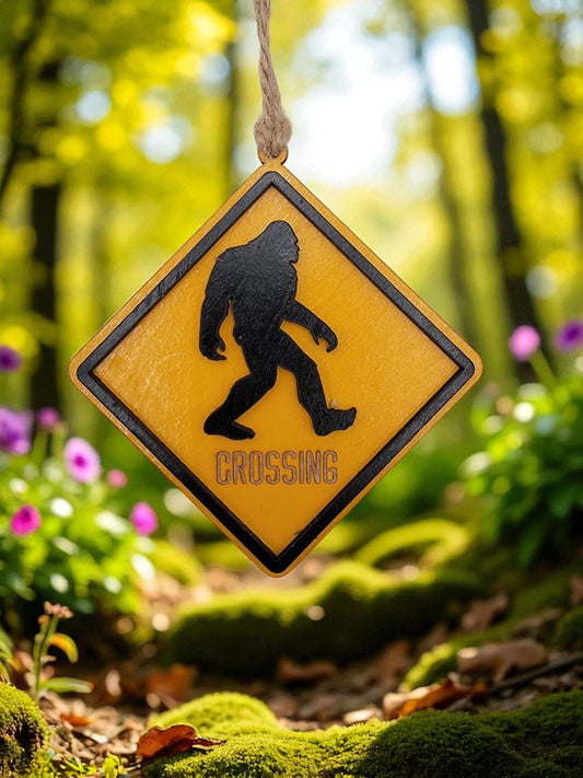 Yellow and Black  Wood Bigfoot Crossing Sign Ornament, 3 Inches Tall