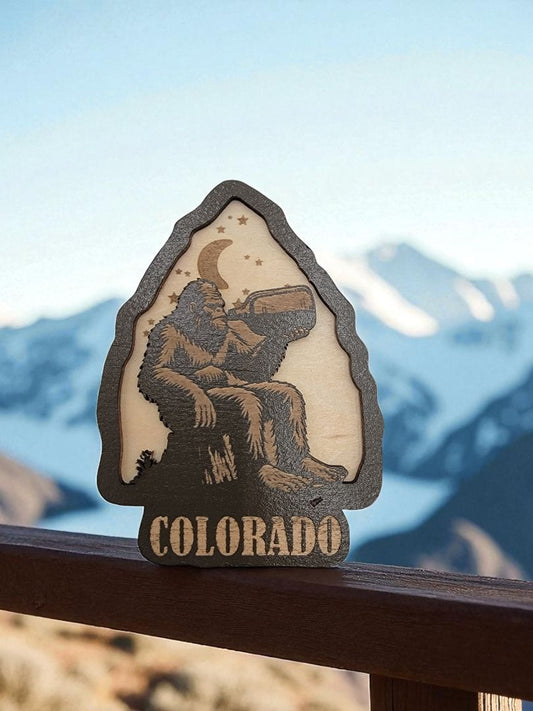 Brown  Wooden Bigfoot Moonshine Colorado Magnet, 3 Inches Tall