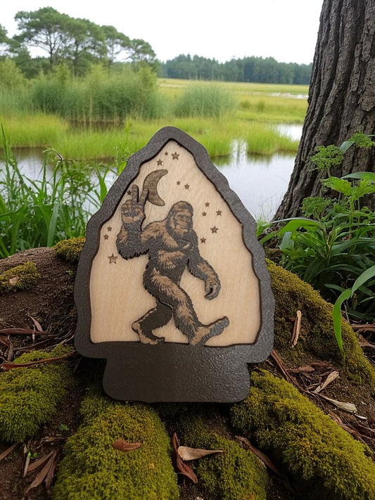 Brown  Wooden Bigfoot Peace Sign Magnet, 3 Inches Tall