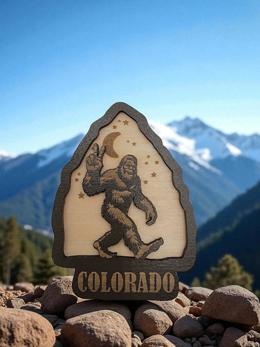 Brown  Wooden Bigfoot Peace Sign Colorado Magnet, 3 Inches Tall