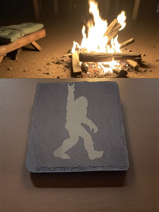 Black  Bigfoot Rock On Slate Coaster, 4 inch by 4 inch