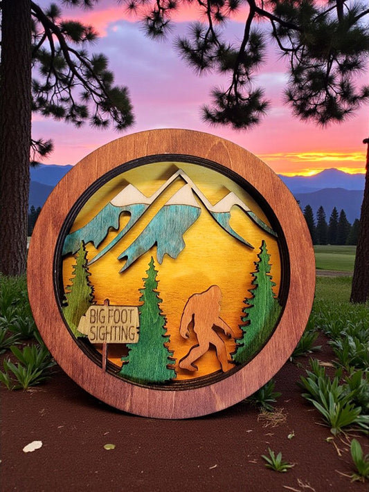 Bigfoot Sighting Multi Layer Silhouette Magnet, 4 Inches Round