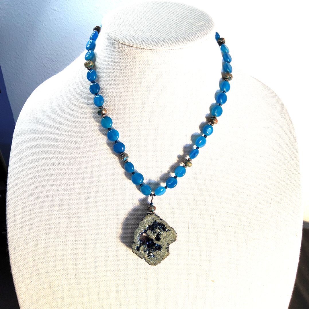Blue Apatite and Druzy Agate Pendant Jewelry