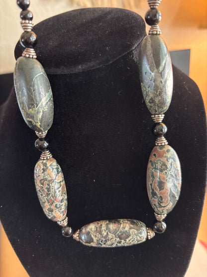 Natural Jasper (Large, Oval) & Black Onyx (Round) Beaded Necklace