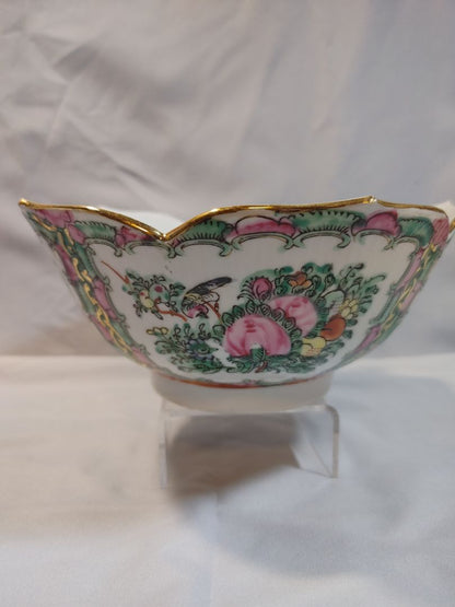 White, pink and green with gold gilding Artistic Chinese Fashions Chinese Famille Rose Medallion porcelain serving bowl, 8"