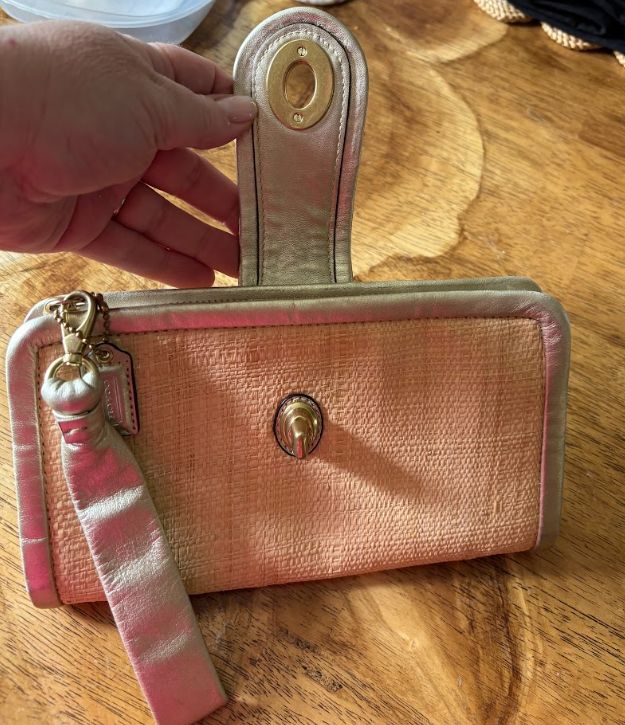 Wristlet - Authentic Coach woven straw/raffia, champagne-gold leather wristlet