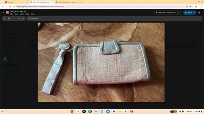 Wristlet - Authentic Coach woven straw/raffia, champagne-gold leather wristlet