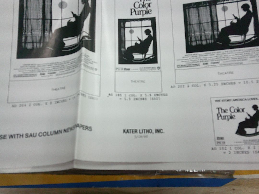KATER LITHO- UNCUT 1986 COLOR PURPLE AD SHEET-UNCUT KATER LITHO 1986