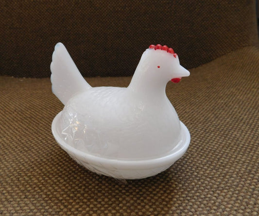 Milk Glass Hen On Basket