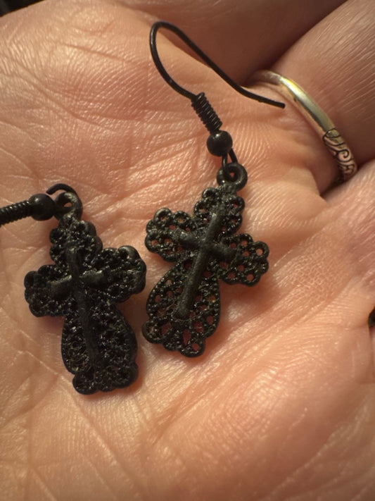 Black Lace Cross Earrings
