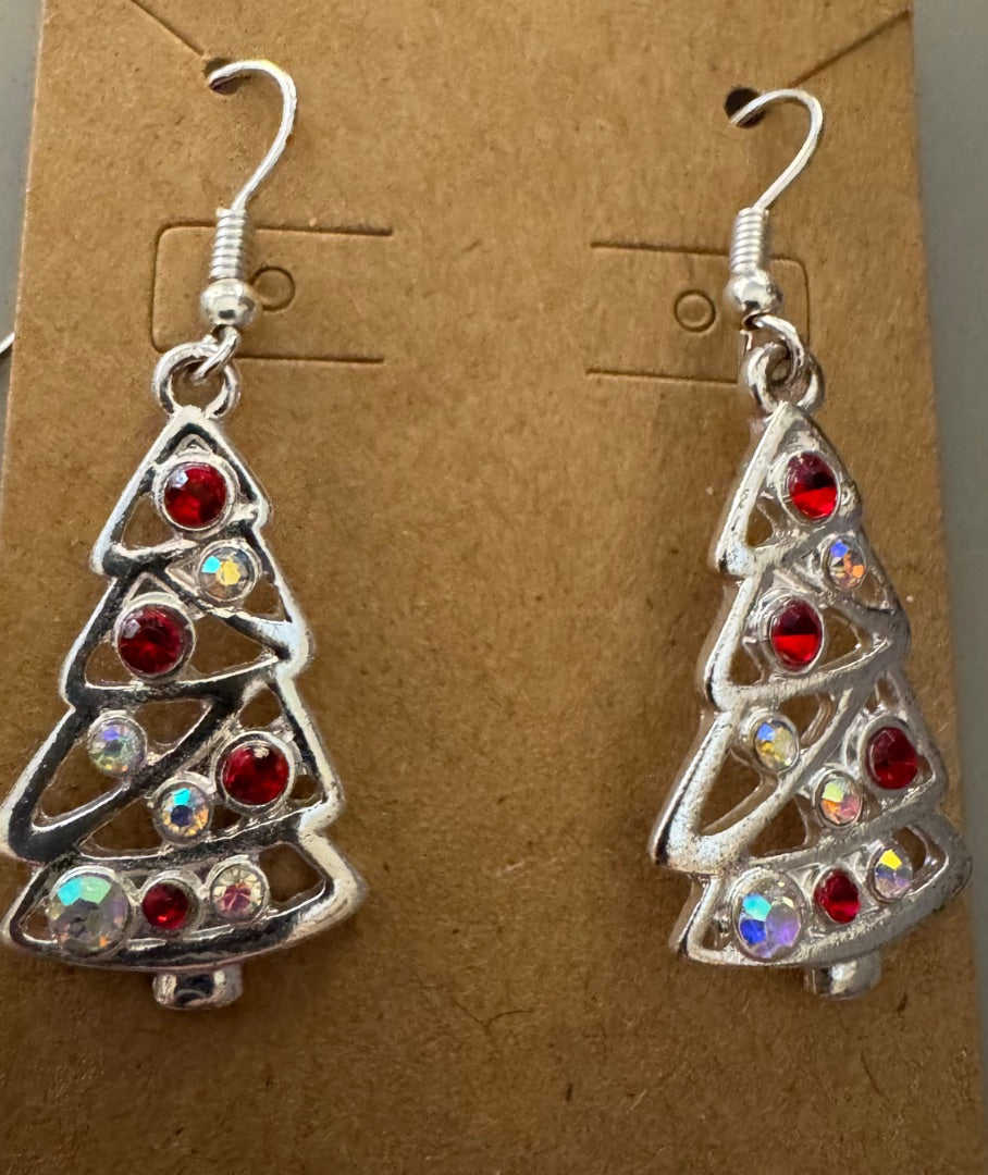 H-Christmas Trees Silvertone Dangle earrings NY Gray multistrand necklace