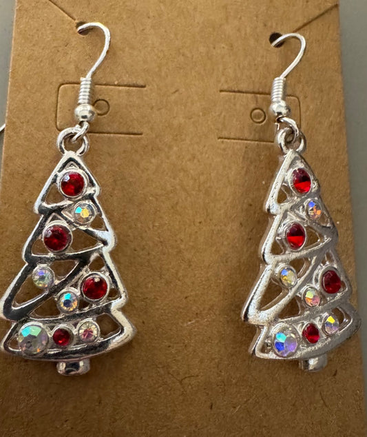 H-Christmas Trees Silvertone Dangle earrings NY Gray multistrand necklace