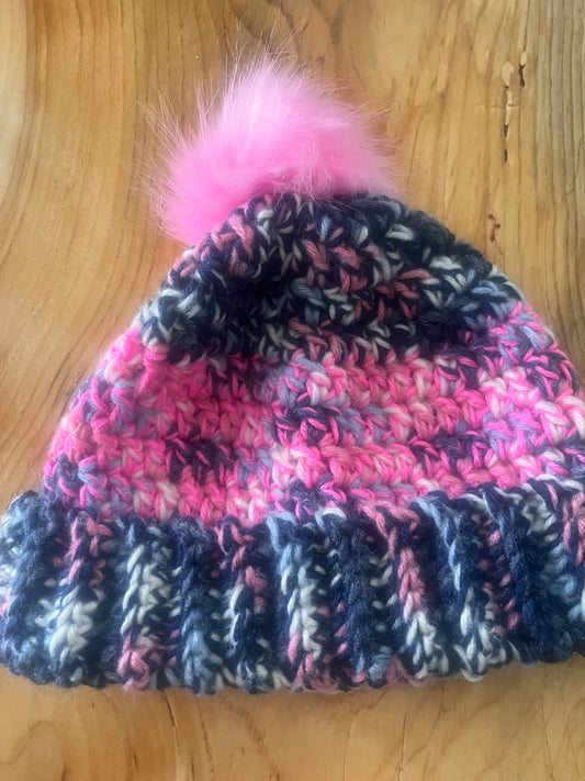 Pink and Navy Homemade Crochet hat, M