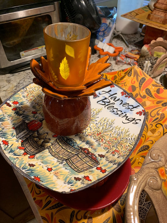 Beige/fall colors  Centerpiece with autumn blessings square plate and leaf candle holder