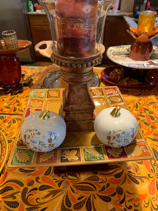 Fall colors/white  Centerpiece square fall plate with candleholder and 2 white pumpkins