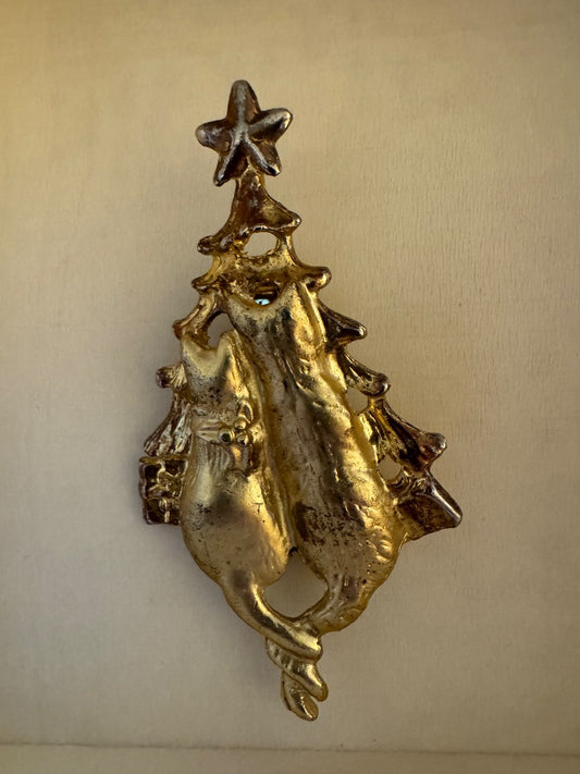 H-Cats w/Christmas tree gold tone brooch